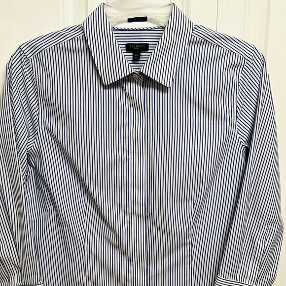 Talbots White and Blue Striped Fitted Mid Sleeve Top Size 10P - Picture 3 of 7